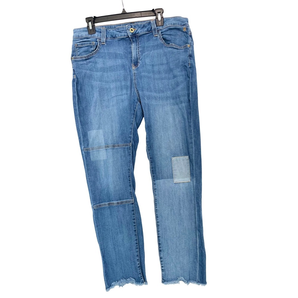 Tommy Hilfiger Patchwork Jeans Womens 16W Blue Raw Hem Straight Leg Stretch